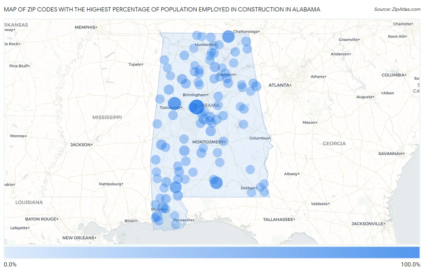 Zip Codes with the Highest Percentage of Population Employed in Construction in Alabama Map