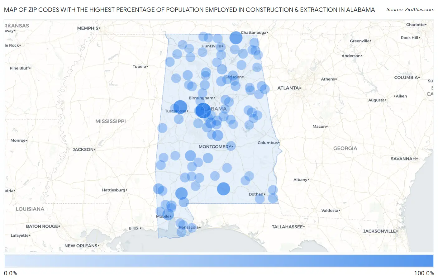 Zip Codes with the Highest Percentage of Population Employed in Construction & Extraction in Alabama Map