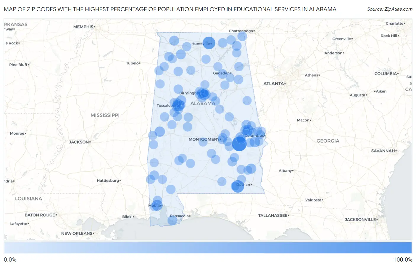 Zip Codes with the Highest Percentage of Population Employed in Educational Services in Alabama Map