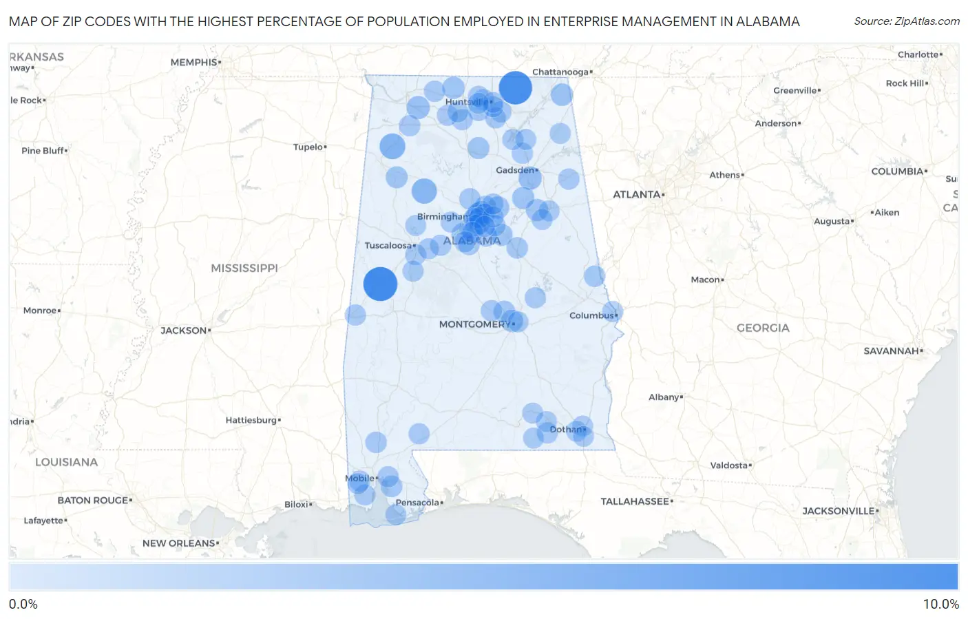 Zip Codes with the Highest Percentage of Population Employed in Enterprise Management in Alabama Map