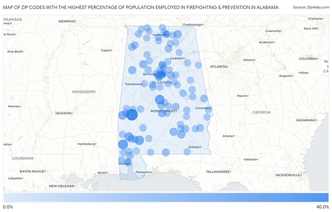Zip Codes with the Highest Percentage of Population Employed in Firefighting & Prevention in Alabama Map