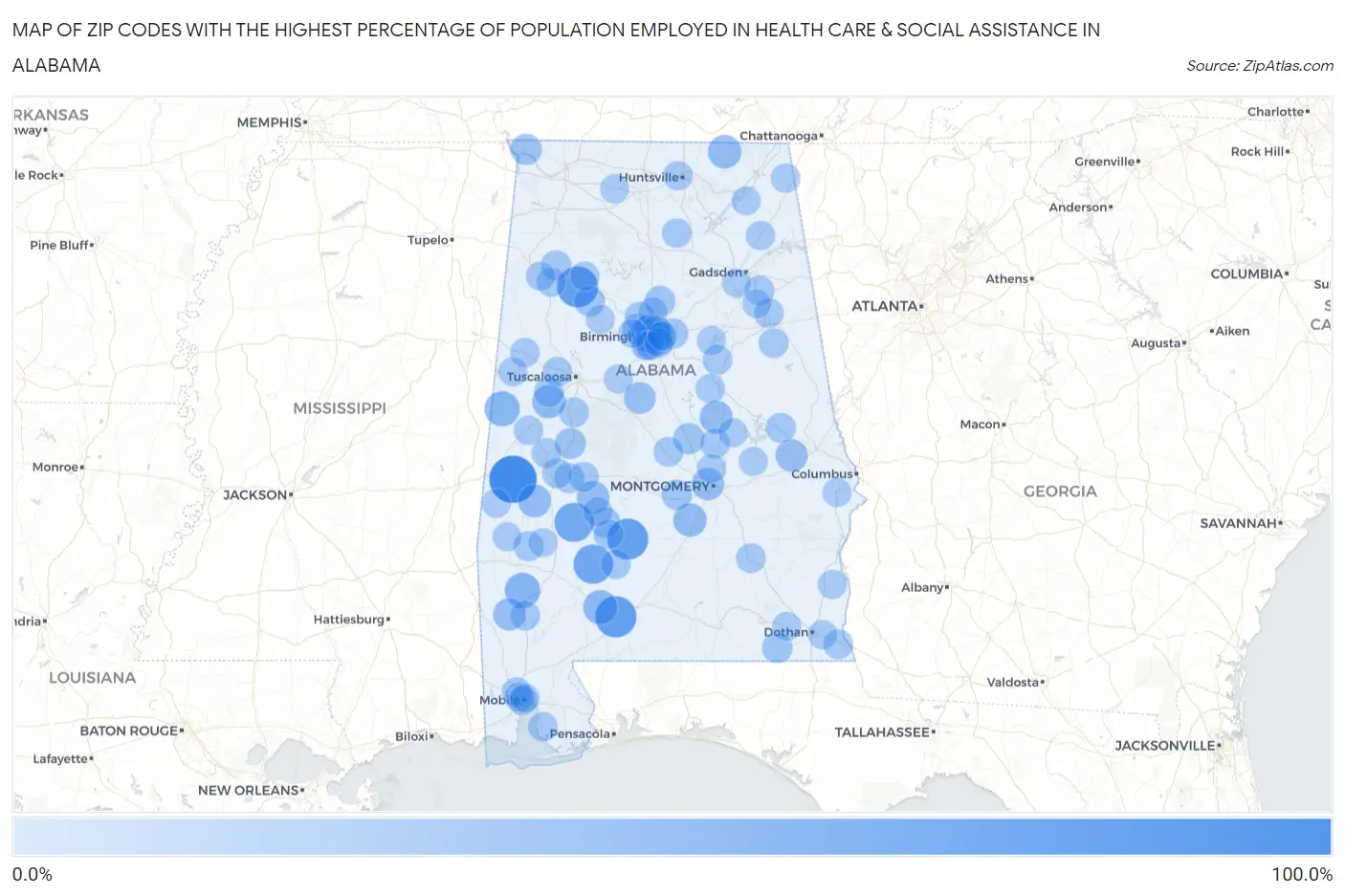 Zip Codes with the Highest Percentage of Population Employed in Health Care & Social Assistance in Alabama Map