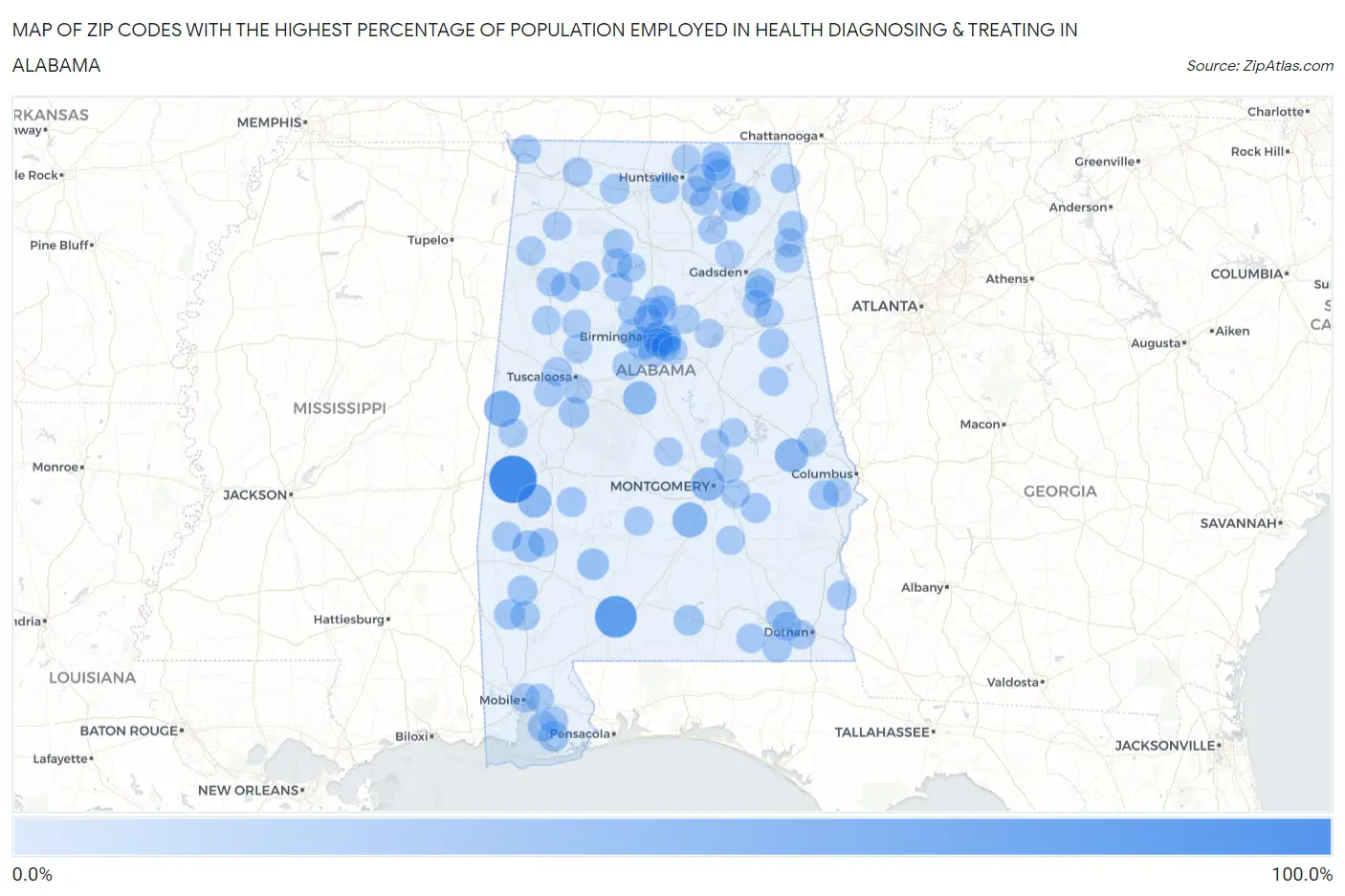 Zip Codes with the Highest Percentage of Population Employed in Health Diagnosing & Treating in Alabama Map