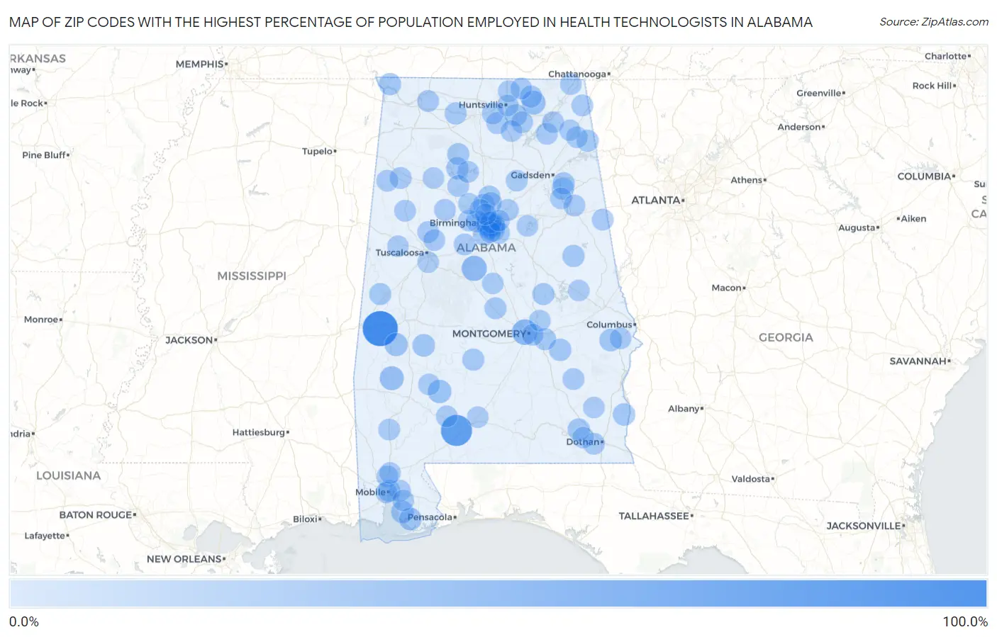 Zip Codes with the Highest Percentage of Population Employed in Health Technologists in Alabama Map