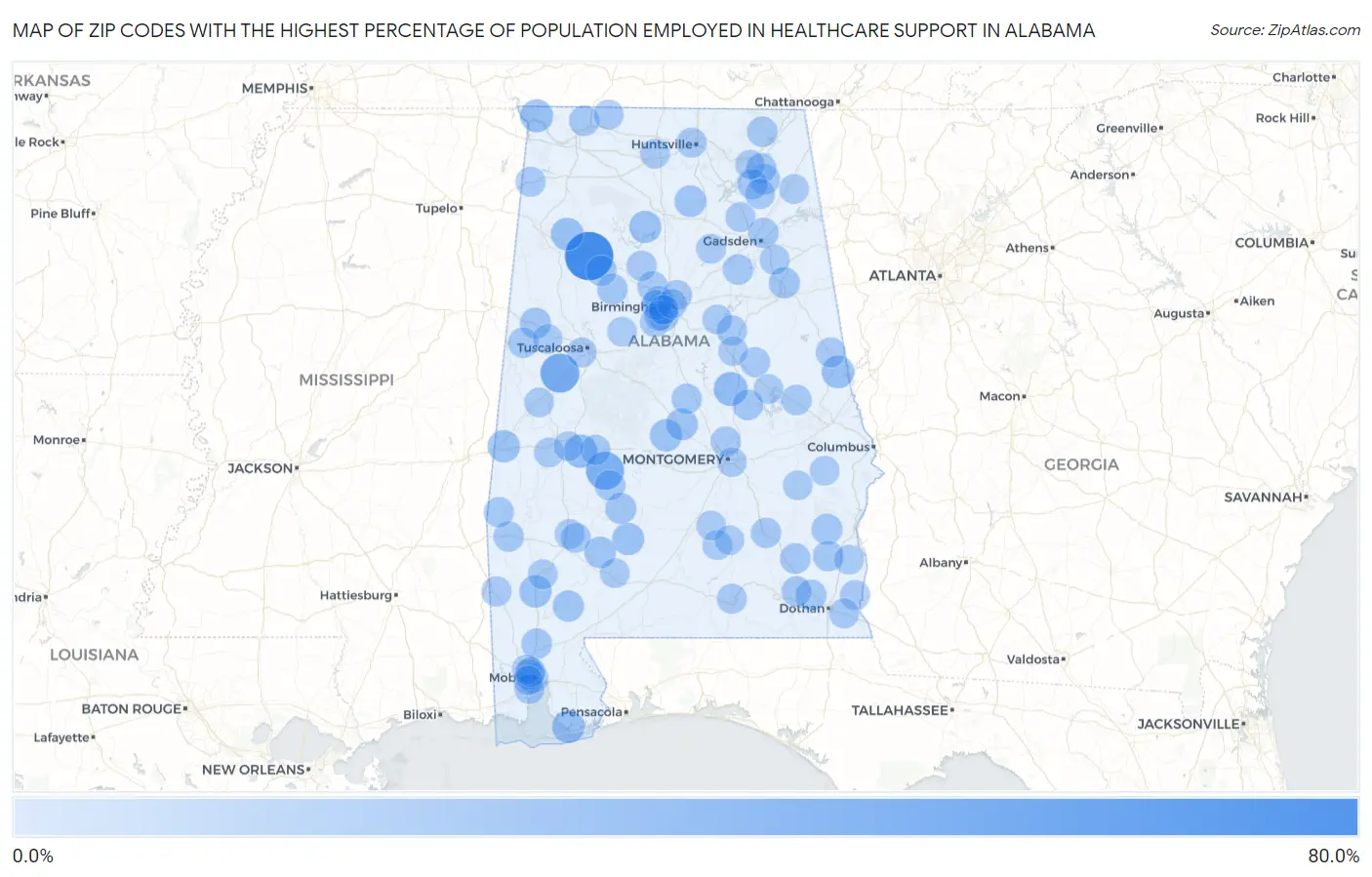 Zip Codes with the Highest Percentage of Population Employed in Healthcare Support in Alabama Map