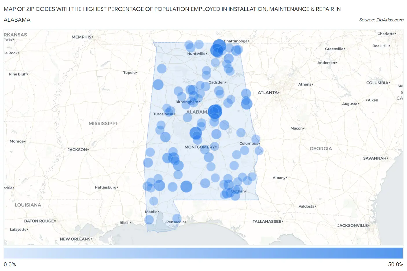 Zip Codes with the Highest Percentage of Population Employed in Installation, Maintenance & Repair in Alabama Map
