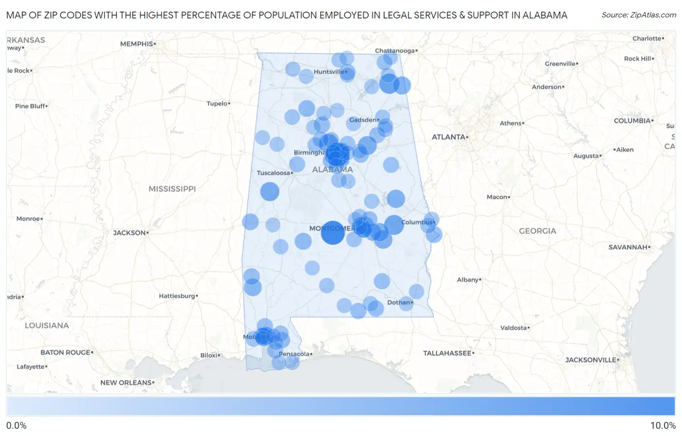 Zip Codes with the Highest Percentage of Population Employed in Legal Services & Support in Alabama Map