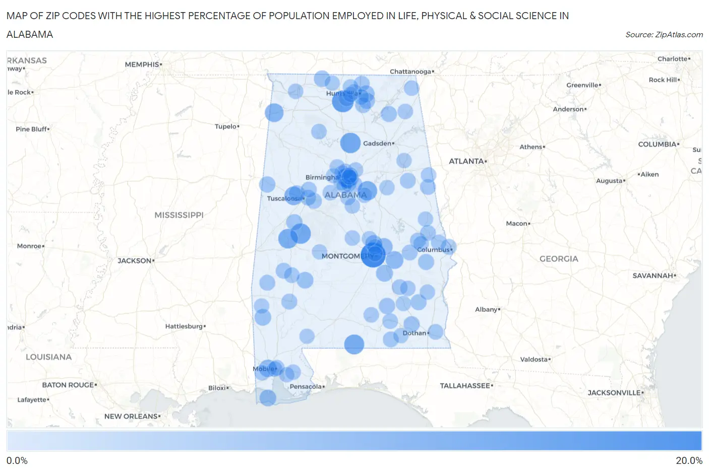 Zip Codes with the Highest Percentage of Population Employed in Life, Physical & Social Science in Alabama Map