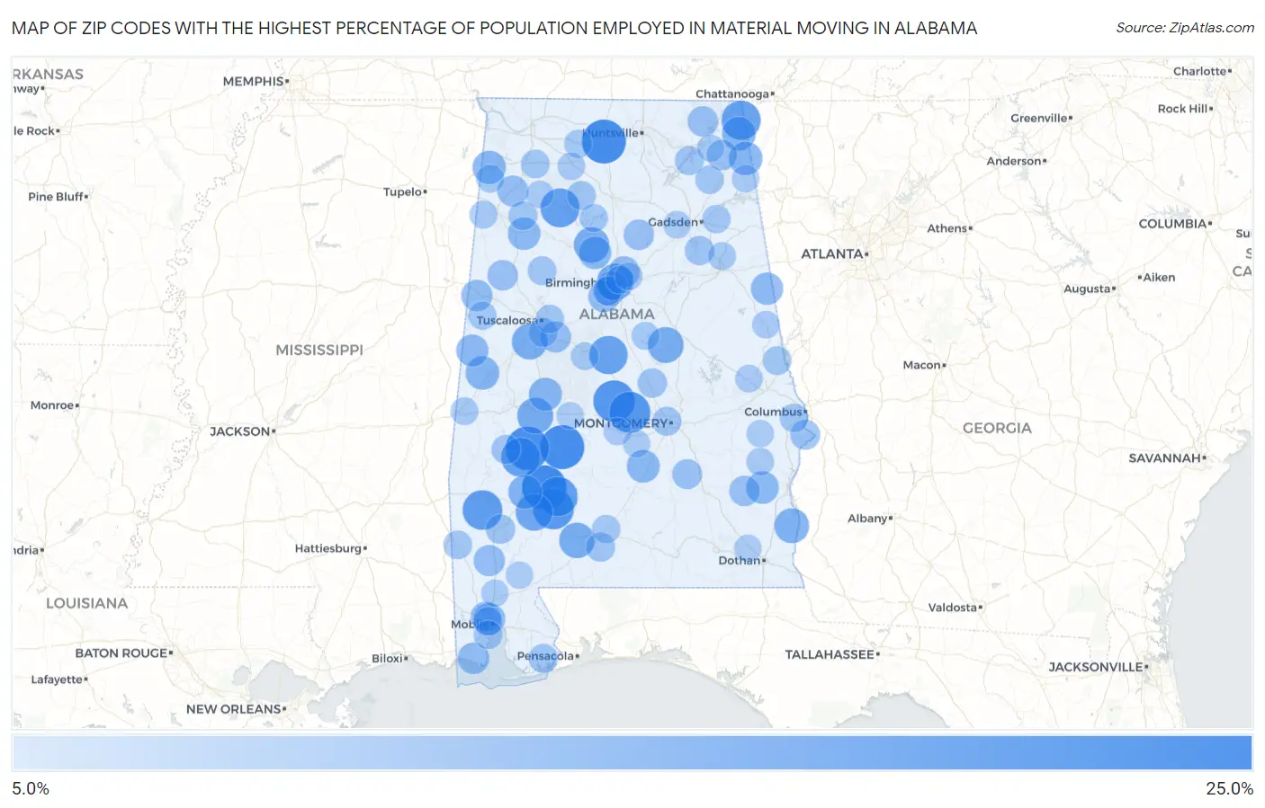 Zip Codes with the Highest Percentage of Population Employed in Material Moving in Alabama Map