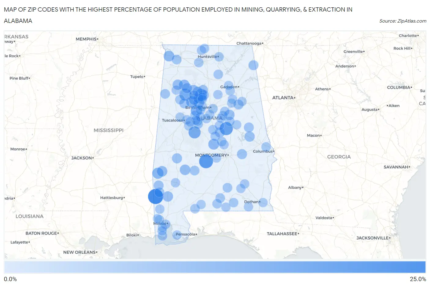Zip Codes with the Highest Percentage of Population Employed in Mining, Quarrying, & Extraction in Alabama Map