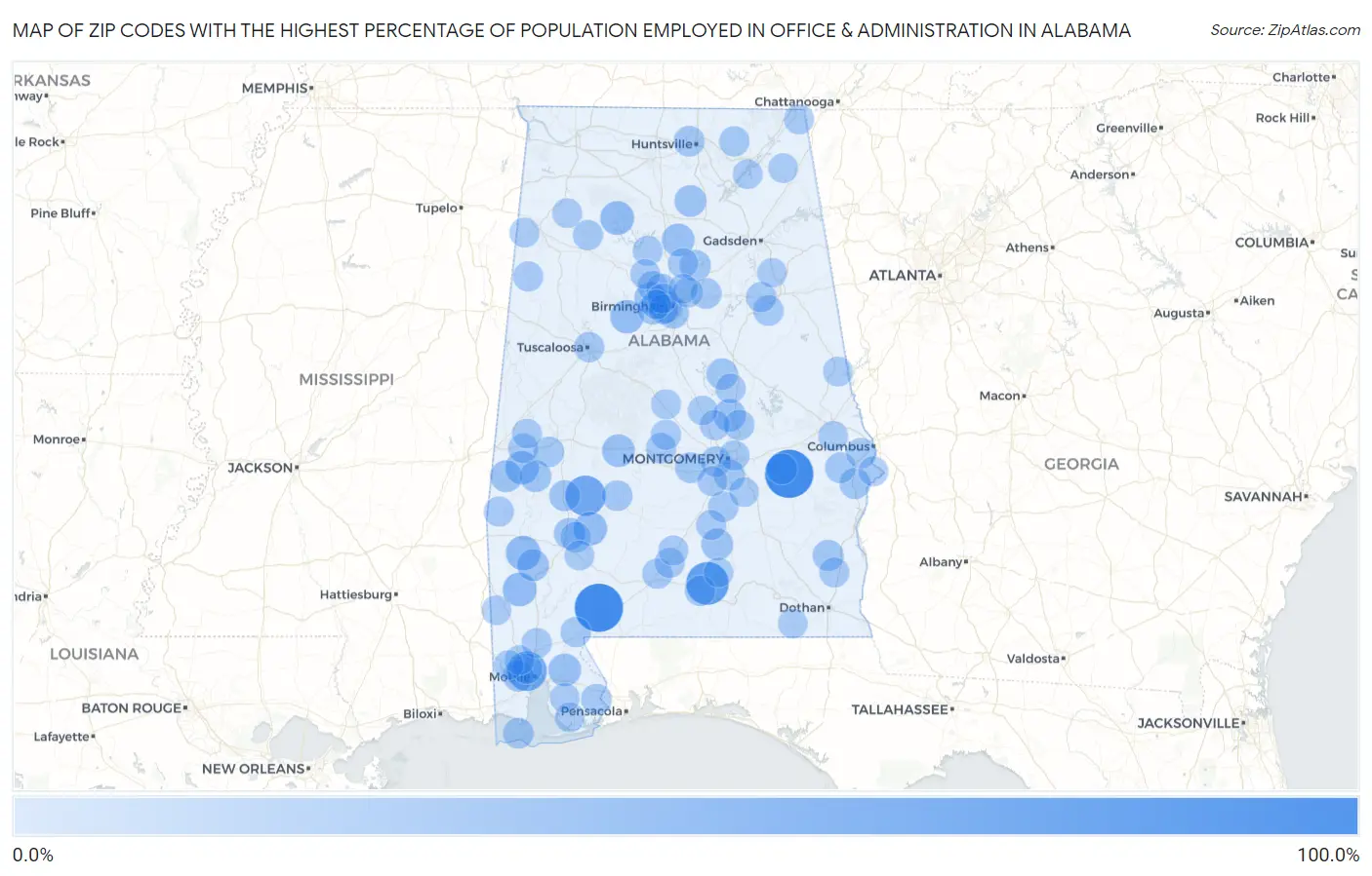 Zip Codes with the Highest Percentage of Population Employed in Office & Administration in Alabama Map