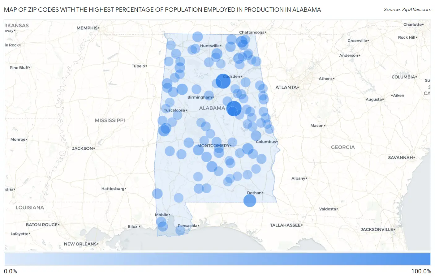 Zip Codes with the Highest Percentage of Population Employed in Production in Alabama Map