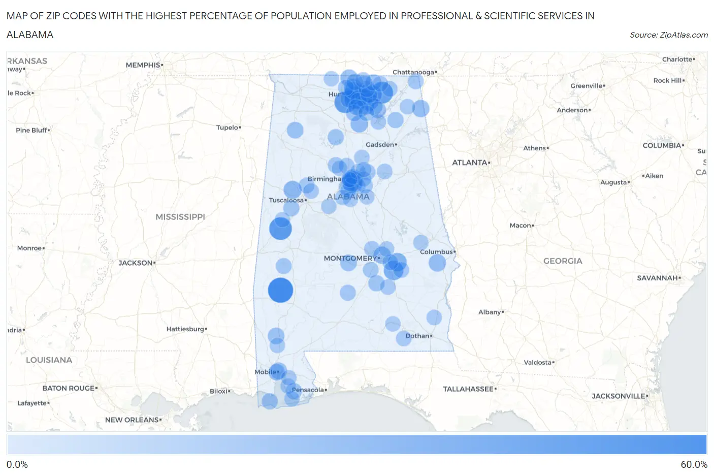 Zip Codes with the Highest Percentage of Population Employed in Professional & Scientific Services in Alabama Map