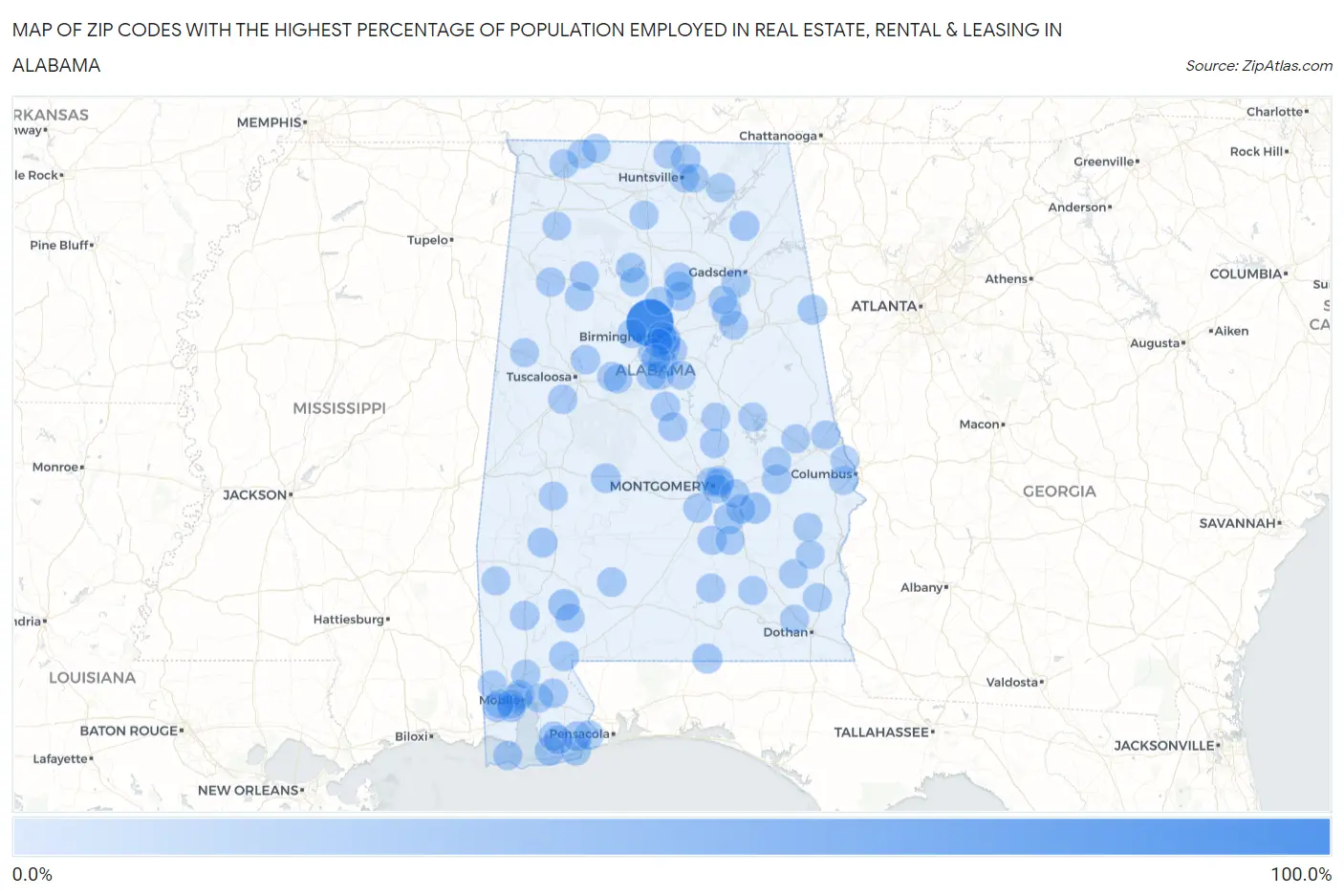 Zip Codes with the Highest Percentage of Population Employed in Real Estate, Rental & Leasing in Alabama Map