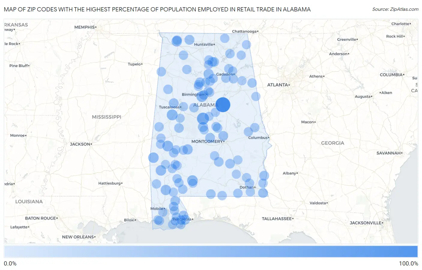 Zip Codes with the Highest Percentage of Population Employed in Retail Trade in Alabama Map