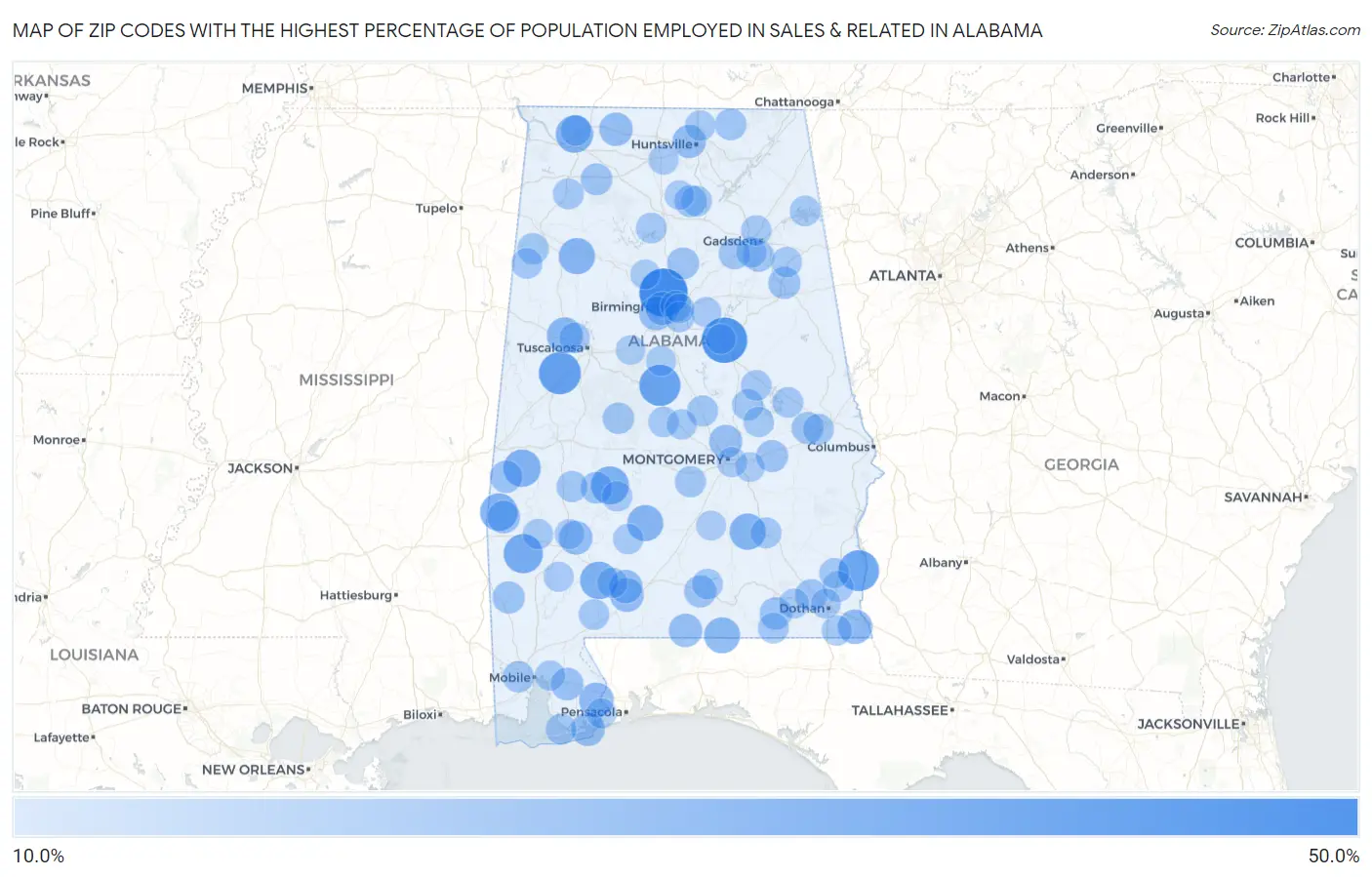 Zip Codes with the Highest Percentage of Population Employed in Sales & Related in Alabama Map