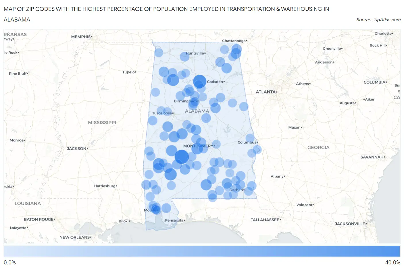 Zip Codes with the Highest Percentage of Population Employed in Transportation & Warehousing in Alabama Map