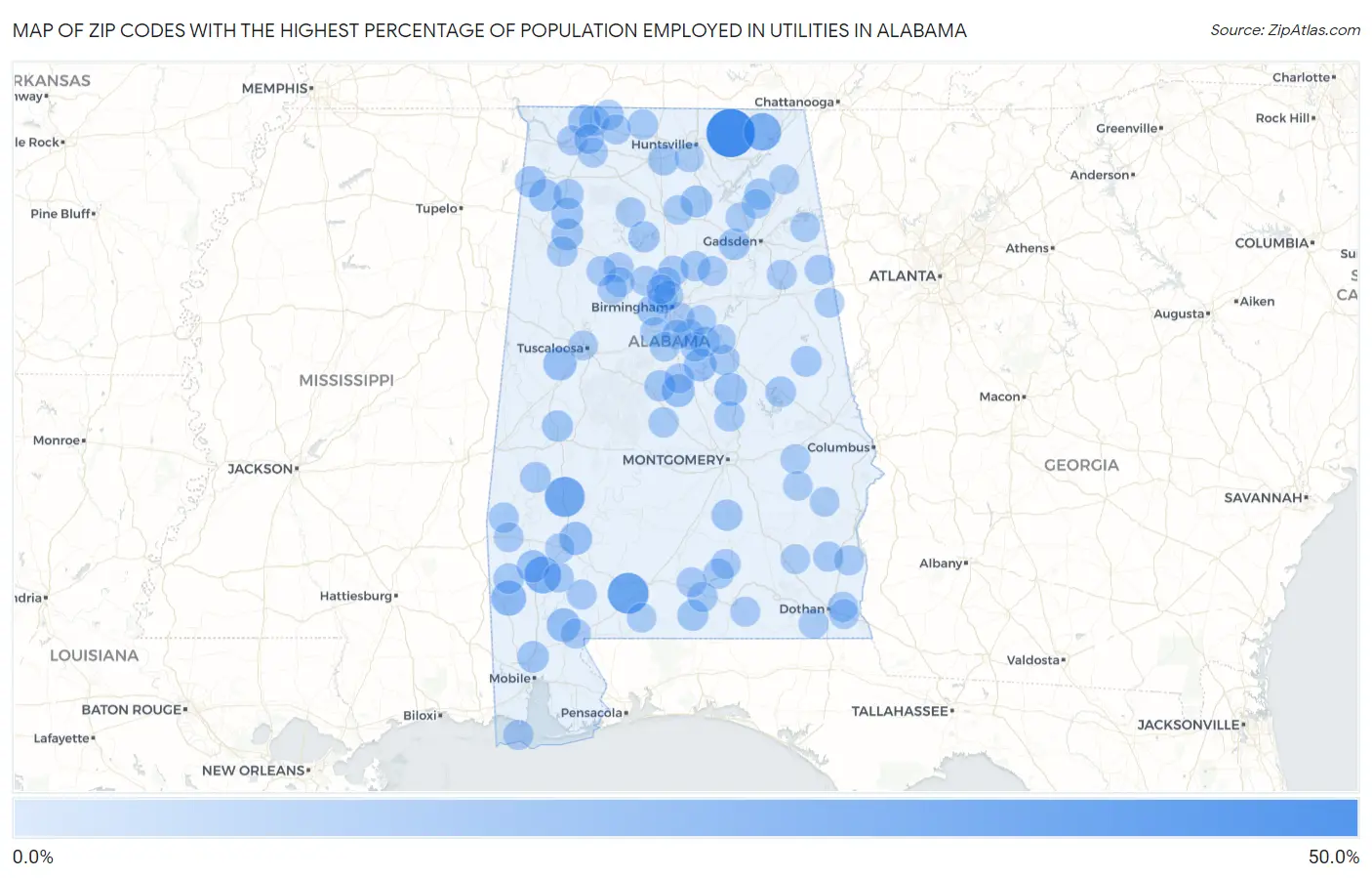 Zip Codes with the Highest Percentage of Population Employed in Utilities in Alabama Map