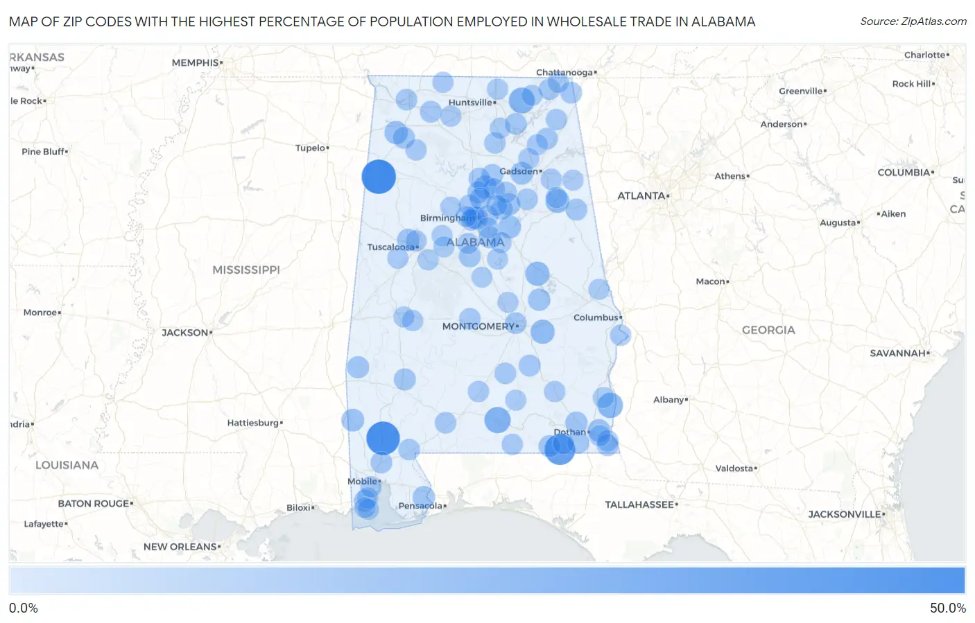 Zip Codes with the Highest Percentage of Population Employed in Wholesale Trade in Alabama Map