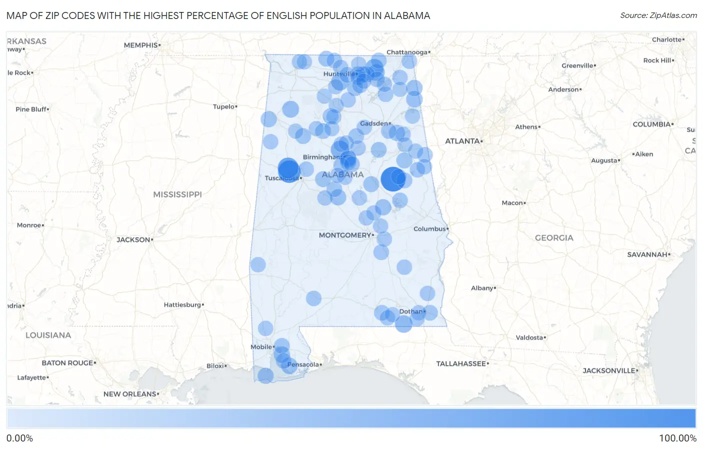 Zip Codes with the Highest Percentage of English Population in Alabama Map