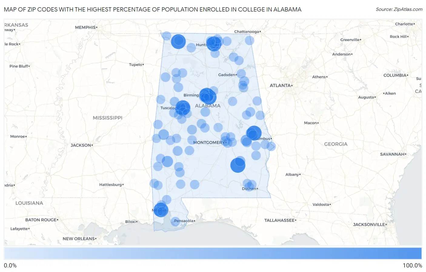 Zip Codes with the Highest Percentage of Population Enrolled in College in Alabama Map