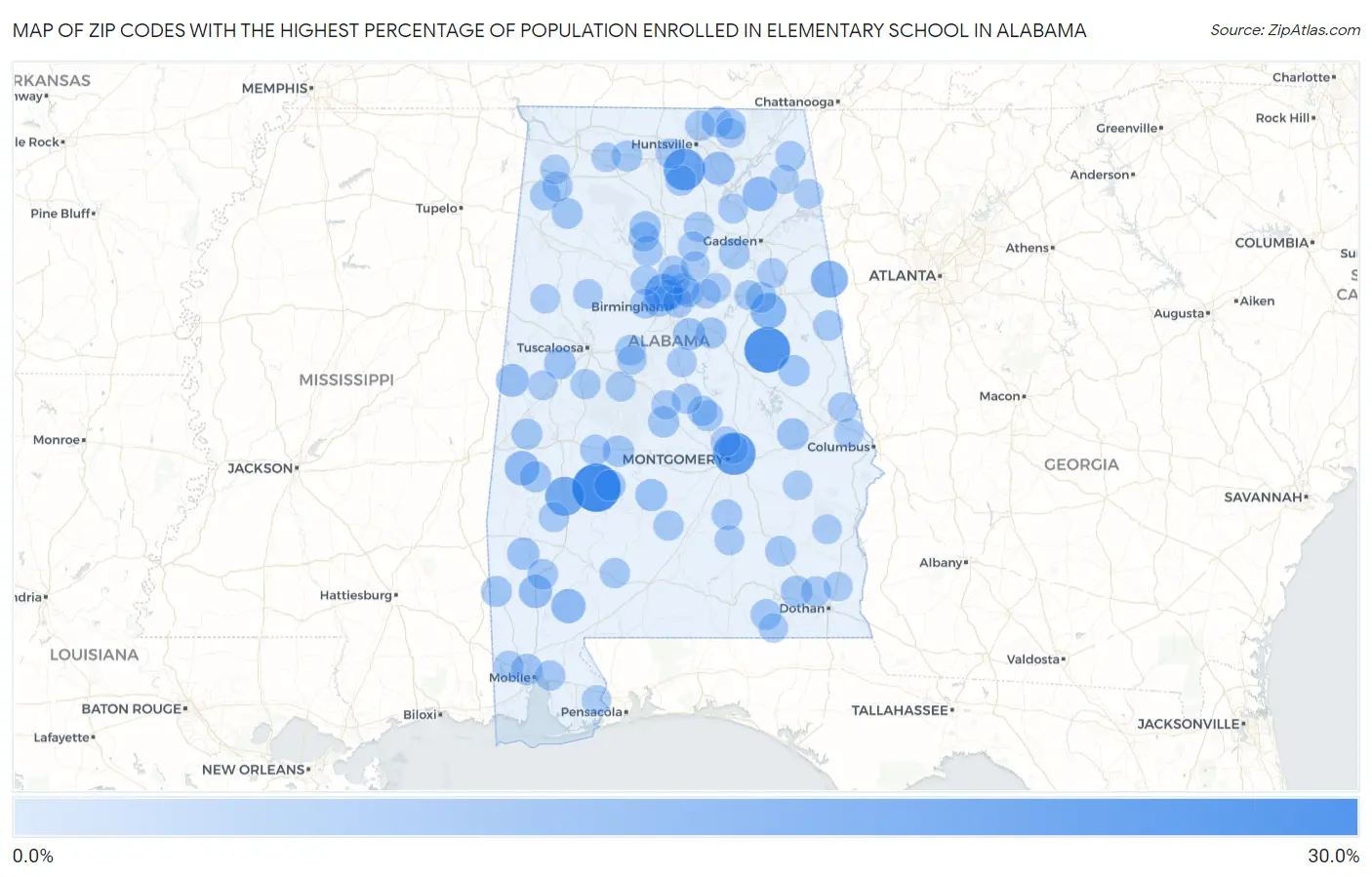 Zip Codes with the Highest Percentage of Population Enrolled in Elementary School in Alabama Map