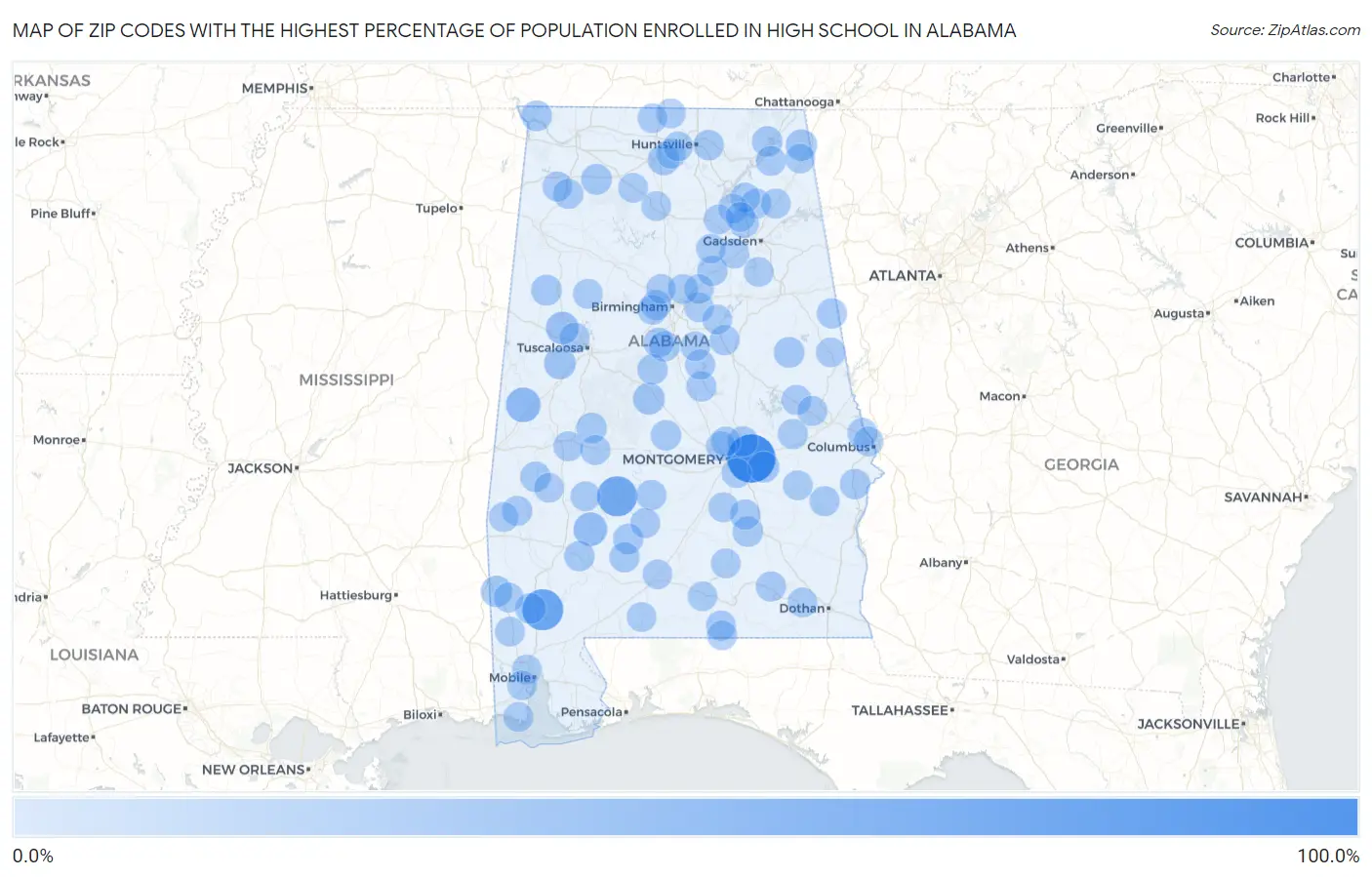 Zip Codes with the Highest Percentage of Population Enrolled in High School in Alabama Map