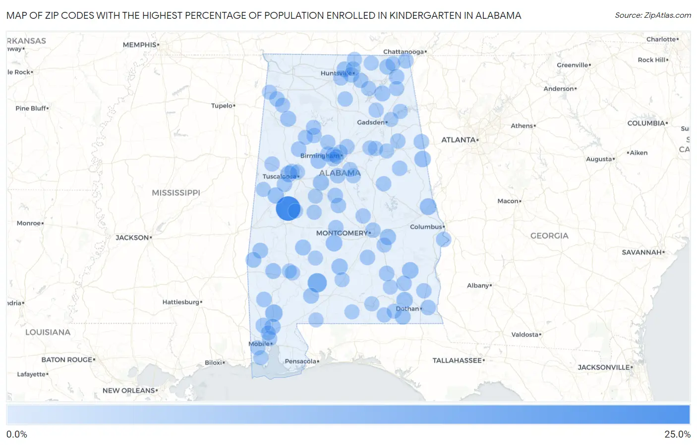 Zip Codes with the Highest Percentage of Population Enrolled in Kindergarten in Alabama Map