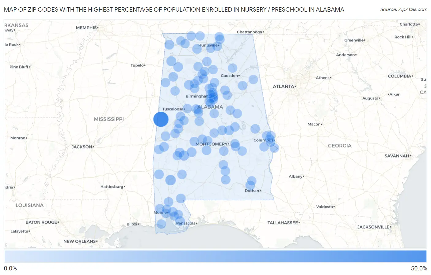 Zip Codes with the Highest Percentage of Population Enrolled in Nursery / Preschool in Alabama Map