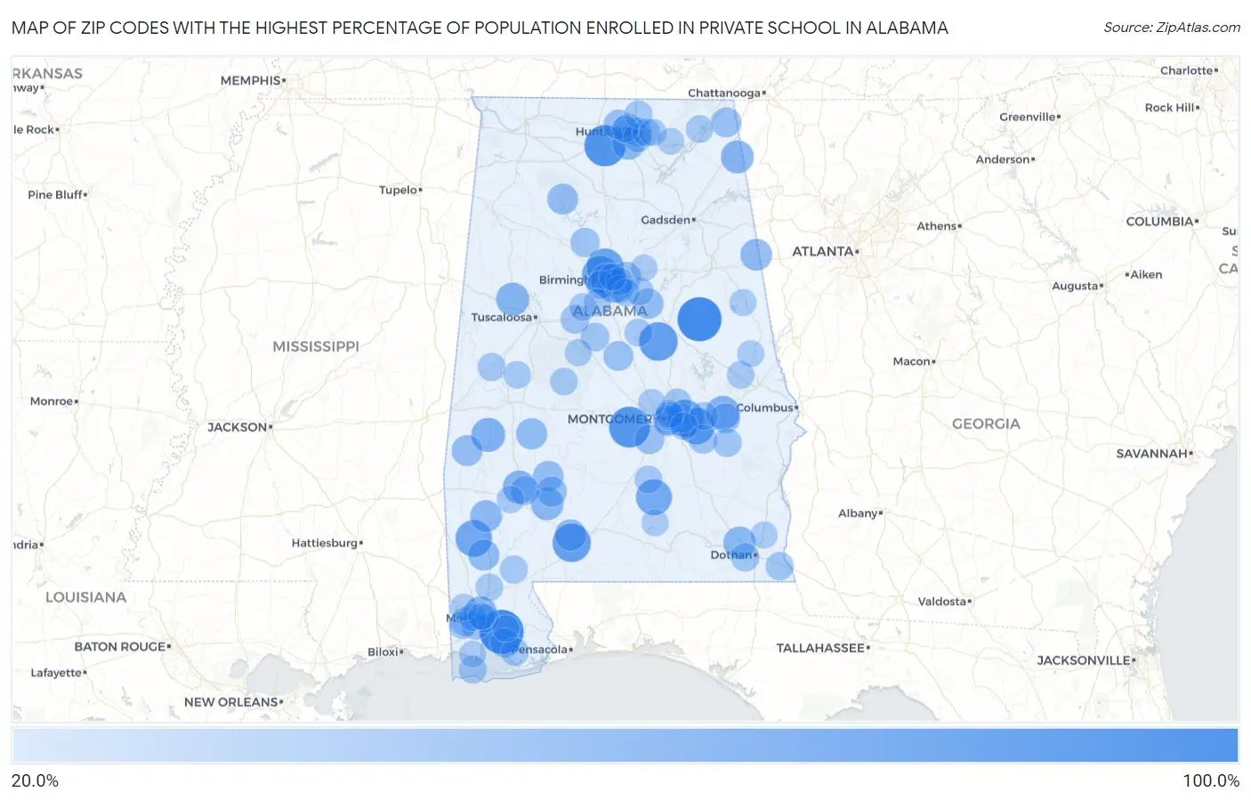 Zip Codes with the Highest Percentage of Population Enrolled in Private School in Alabama Map
