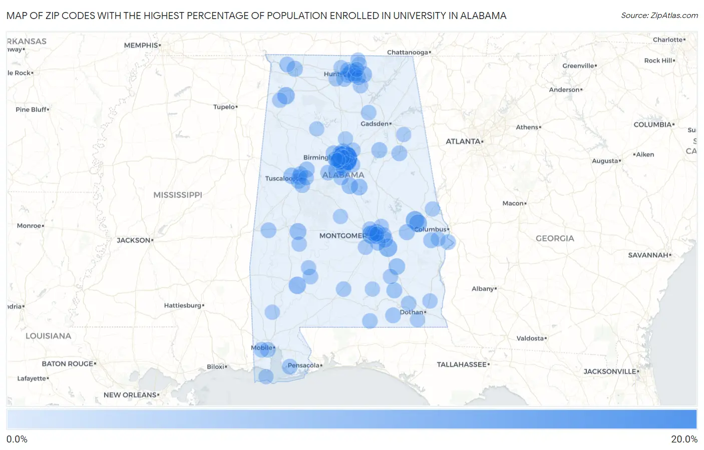 Zip Codes with the Highest Percentage of Population Enrolled in University in Alabama Map