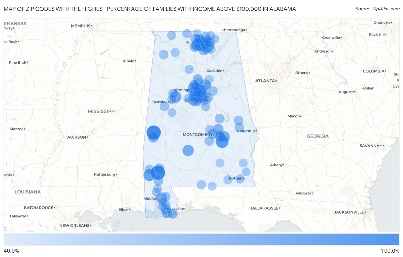 Zip Codes with the Highest Percentage of Families with Income Above $100,000 in Alabama Map