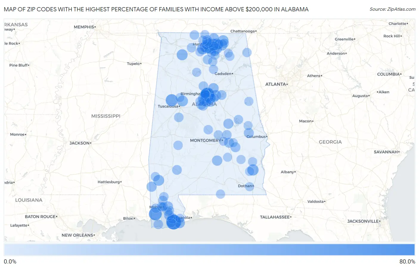 Zip Codes with the Highest Percentage of Families with Income Above $200,000 in Alabama Map