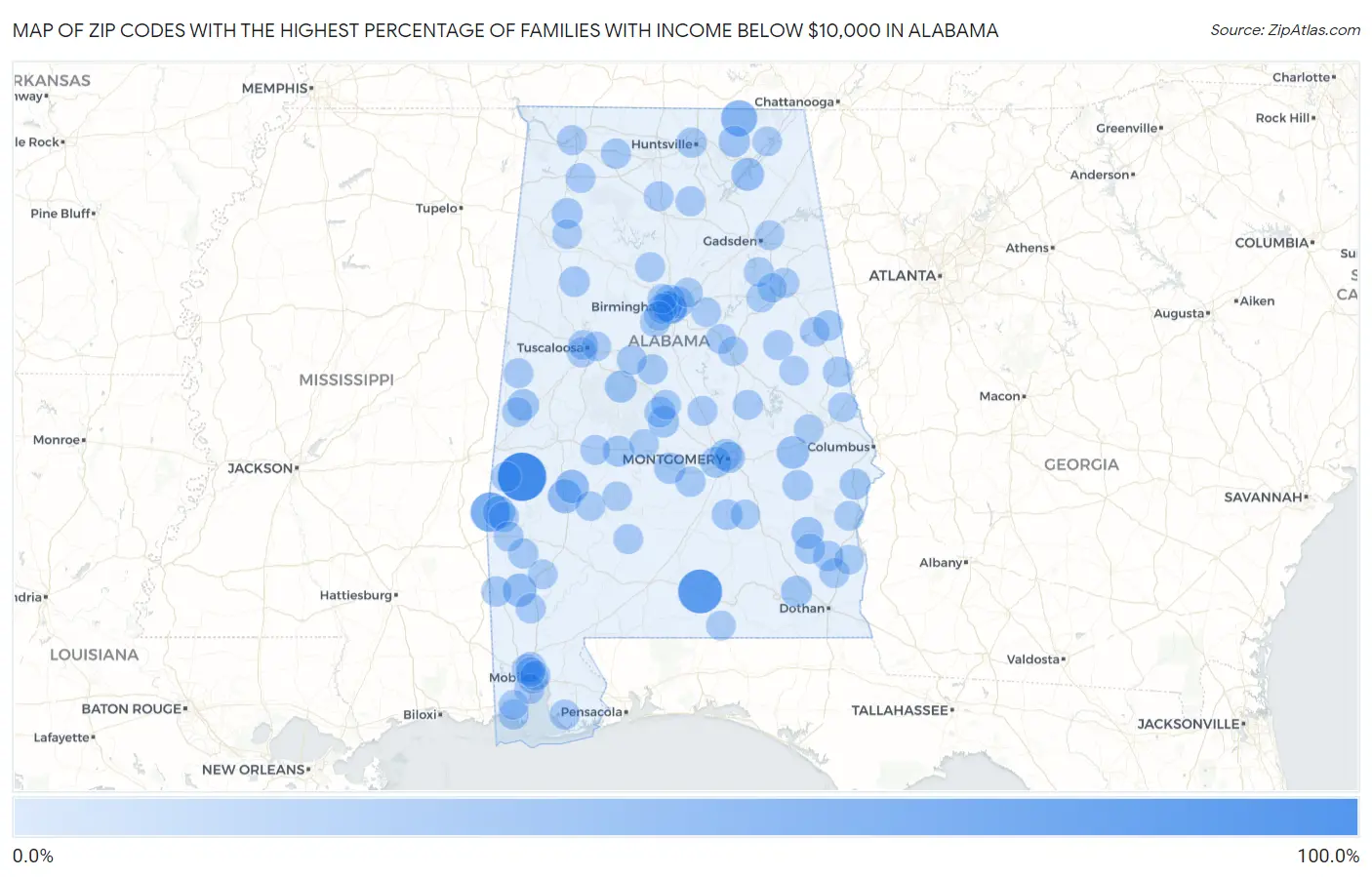 Zip Codes with the Highest Percentage of Families with Income Below $10,000 in Alabama Map