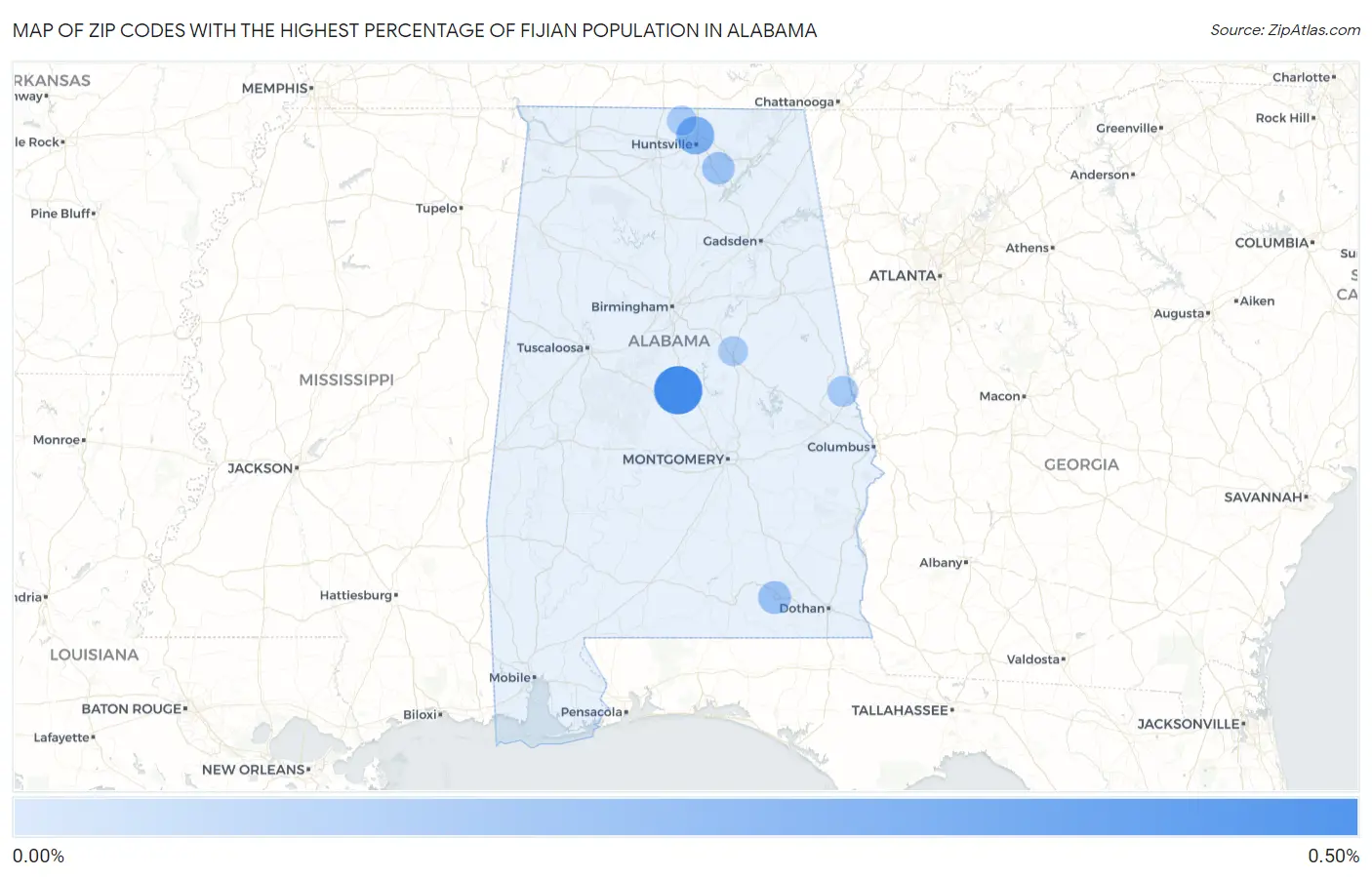 Zip Codes with the Highest Percentage of Fijian Population in Alabama Map