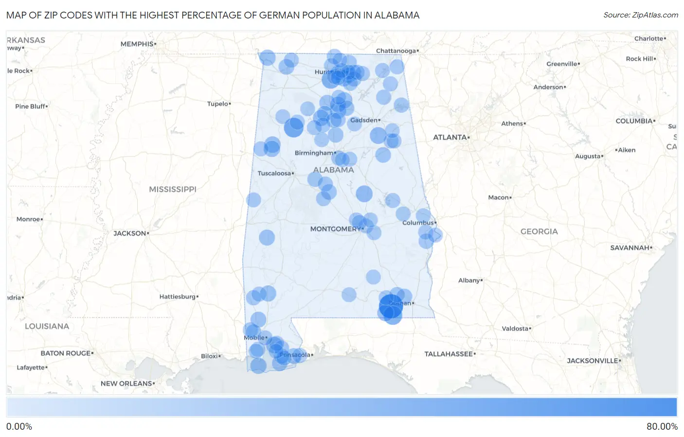 Zip Codes with the Highest Percentage of German Population in Alabama Map
