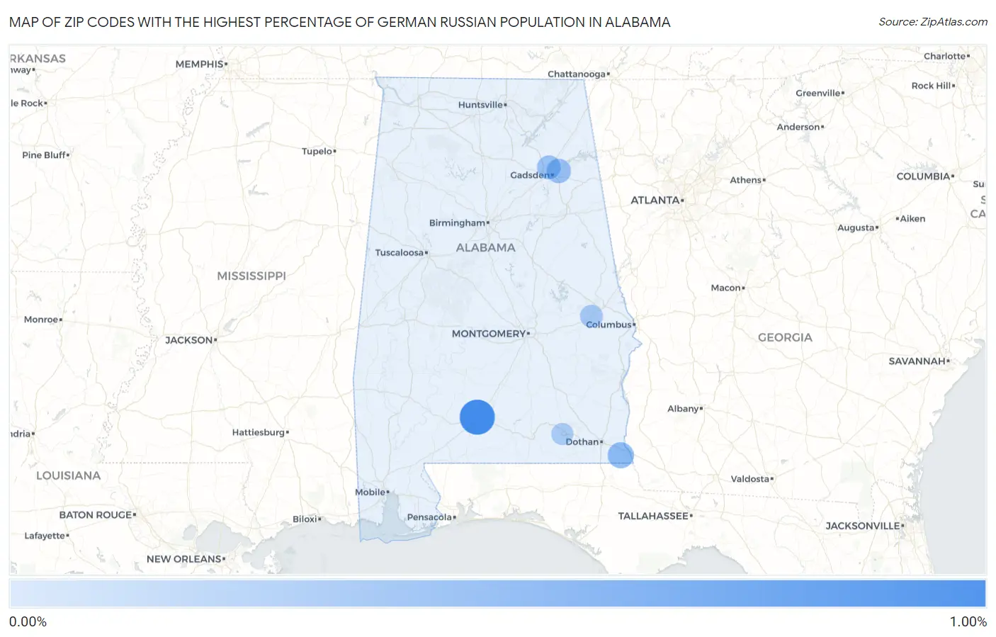 Zip Codes with the Highest Percentage of German Russian Population in Alabama Map