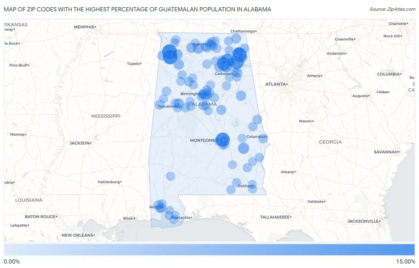 Zip Codes with the Highest Percentage of Guatemalan Population in Alabama Map