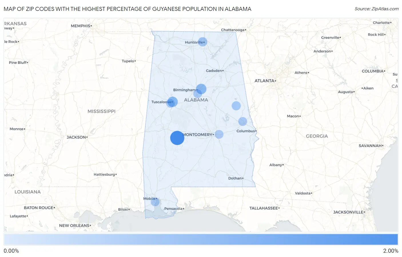 Zip Codes with the Highest Percentage of Guyanese Population in Alabama Map