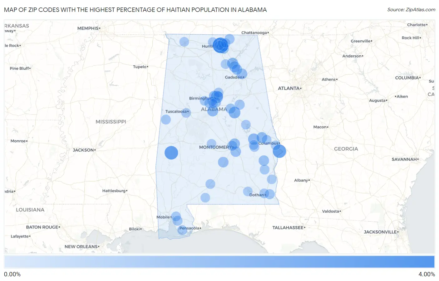 Zip Codes with the Highest Percentage of Haitian Population in Alabama Map