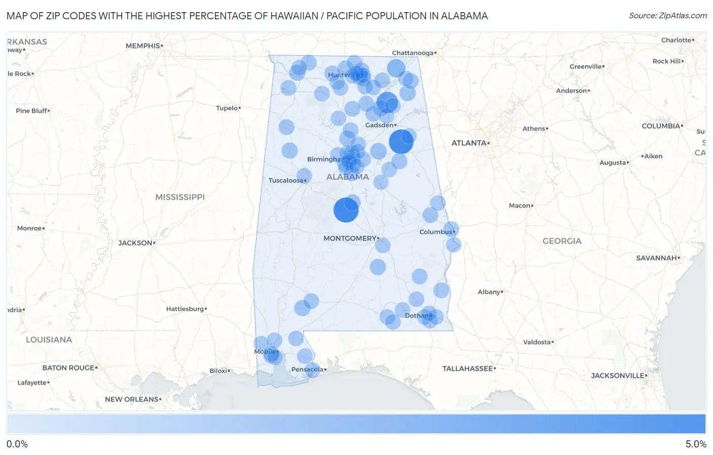 Zip Codes with the Highest Percentage of Hawaiian / Pacific Population in Alabama Map