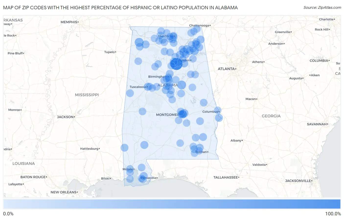 Zip Codes with the Highest Percentage of Hispanic or Latino Population in Alabama Map