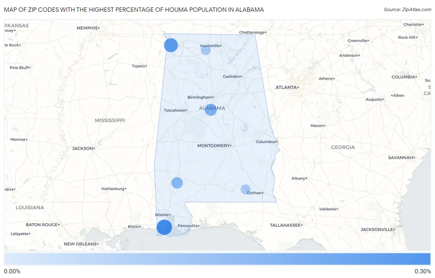 Zip Codes with the Highest Percentage of Houma Population in Alabama Map
