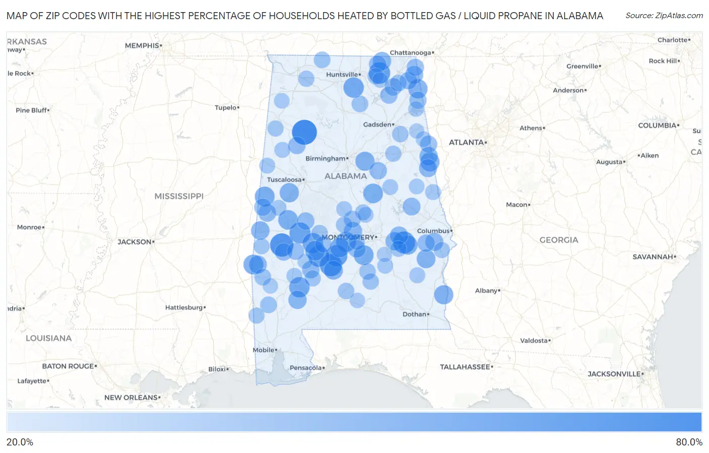Zip Codes with the Highest Percentage of Households Heated by Bottled Gas / Liquid Propane in Alabama Map