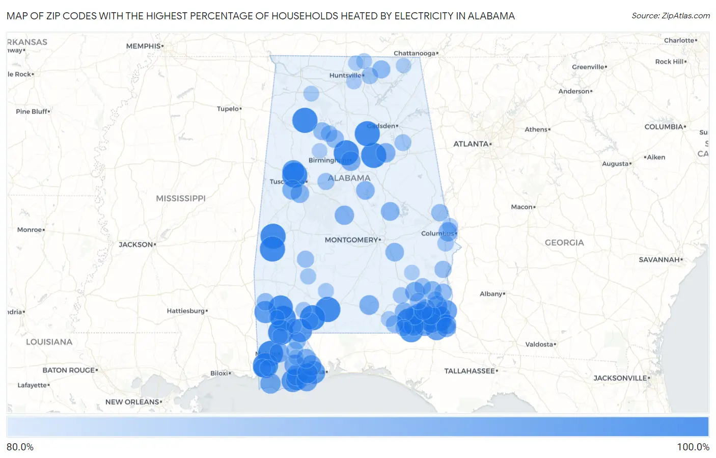 Zip Codes with the Highest Percentage of Households Heated by Electricity in Alabama Map