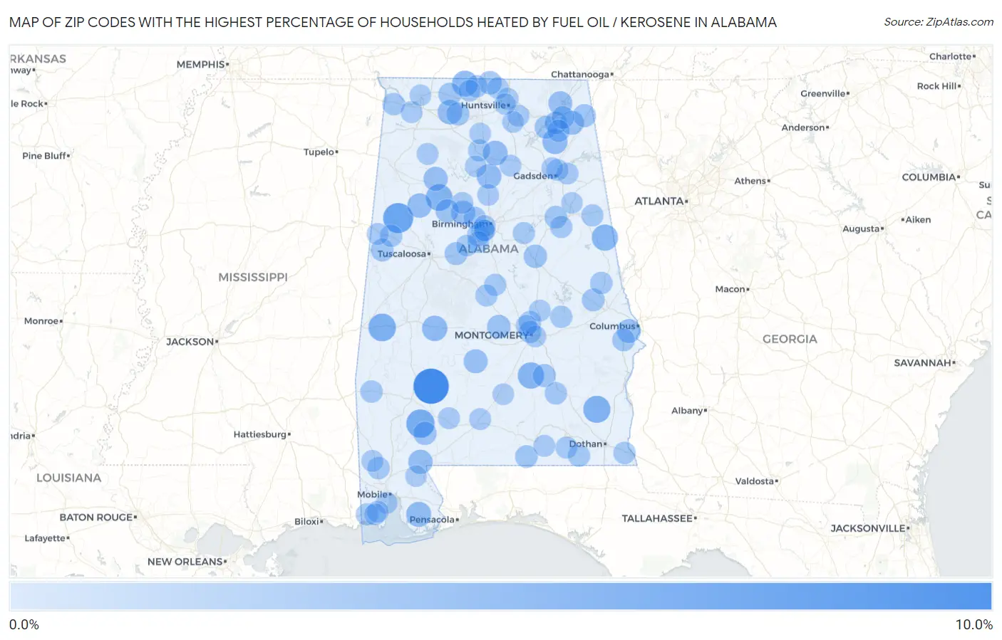 Zip Codes with the Highest Percentage of Households Heated by Fuel Oil / Kerosene in Alabama Map