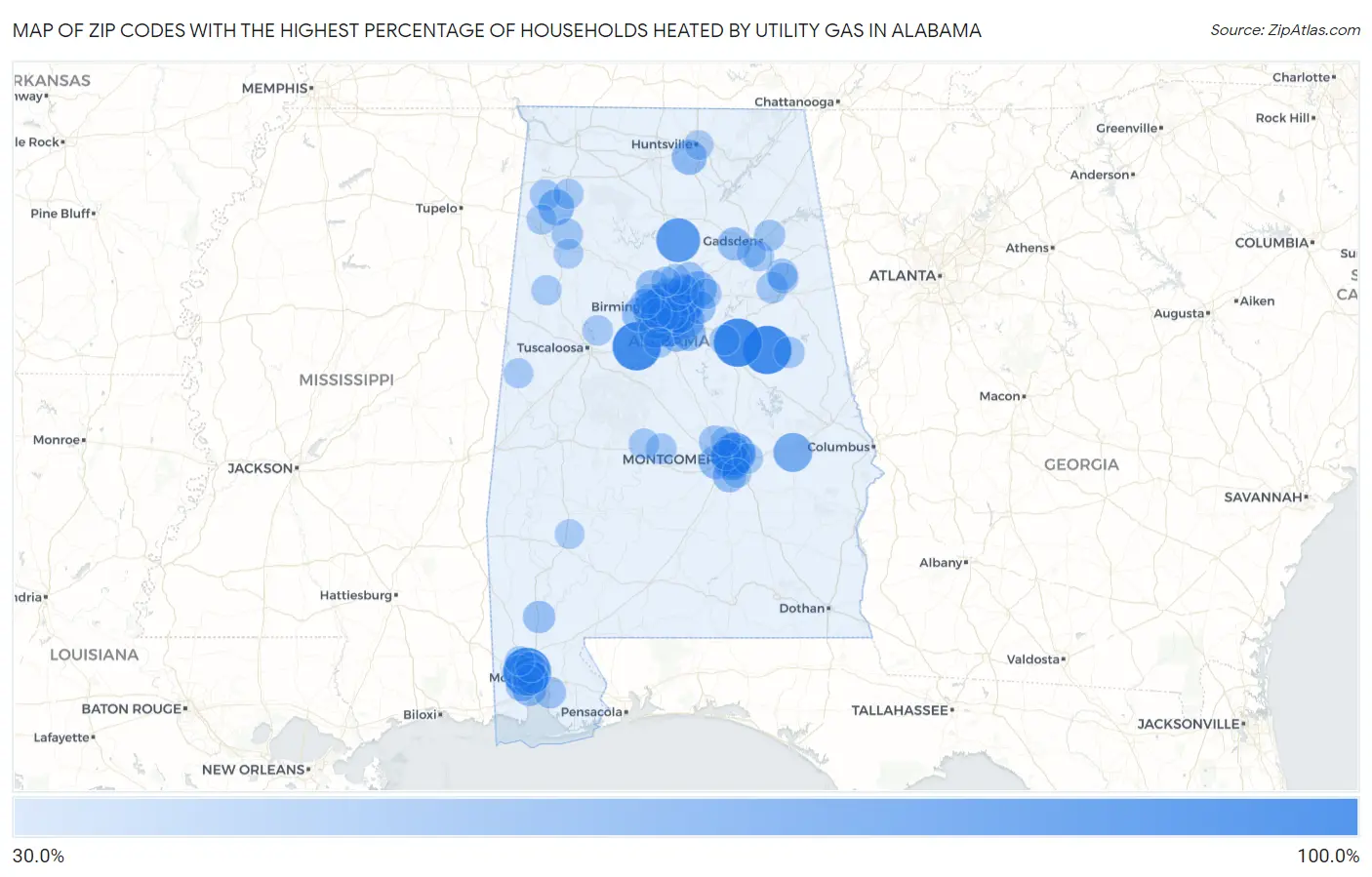 Zip Codes with the Highest Percentage of Households Heated by Utility Gas in Alabama Map
