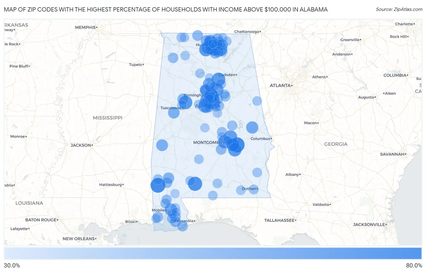 Zip Codes with the Highest Percentage of Households with Income Above $100,000 in Alabama Map