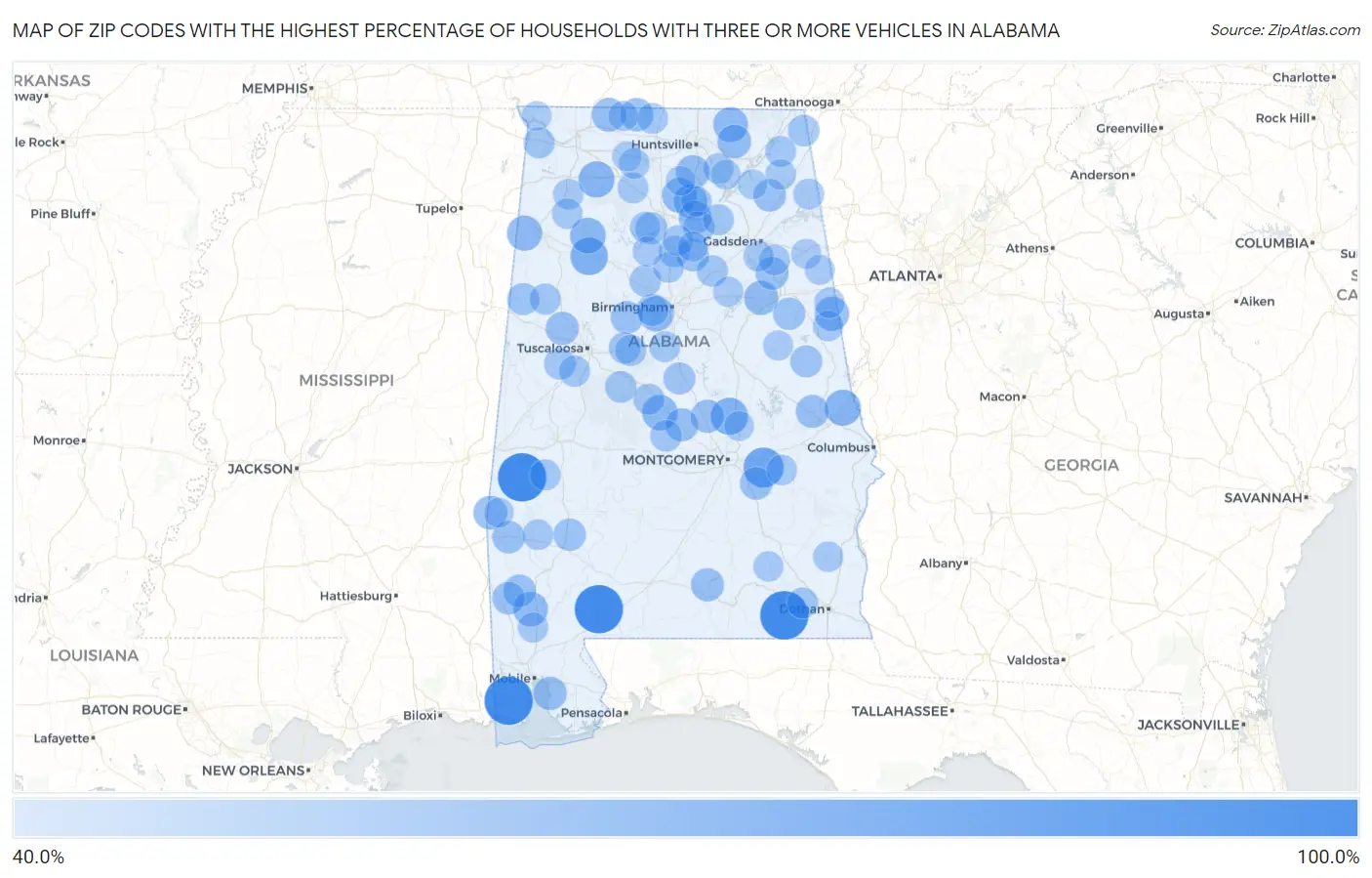 Zip Codes with the Highest Percentage of Households With Three or more Vehicles in Alabama Map