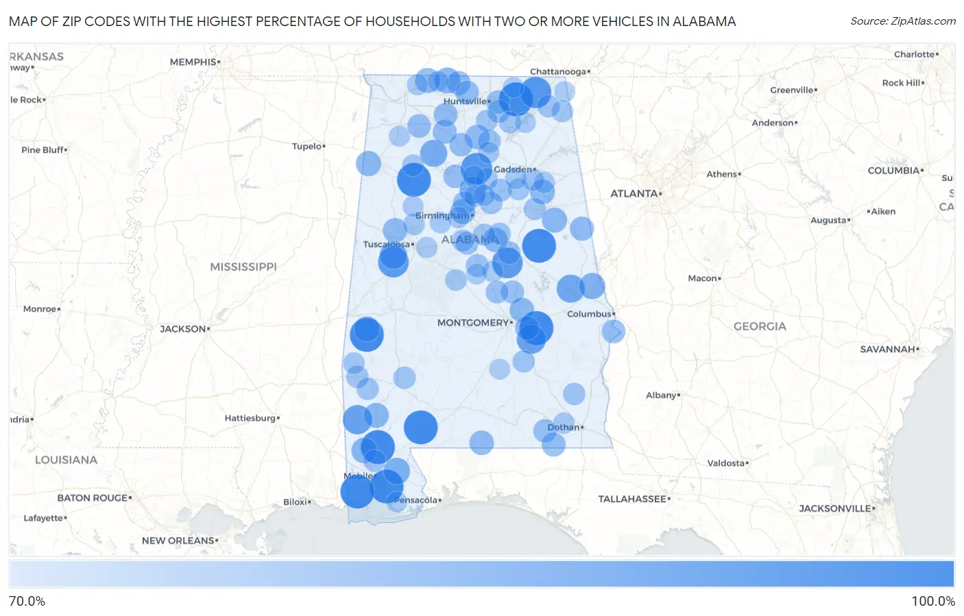 Zip Codes with the Highest Percentage of Households With Two or more Vehicles in Alabama Map